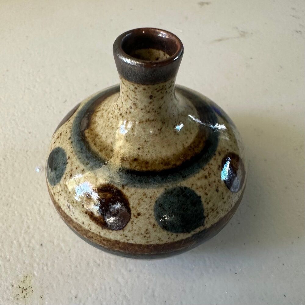 Vintage Japan Otagiri Like Asahi Stoneware Pottery Stripes Circles Bud Vase